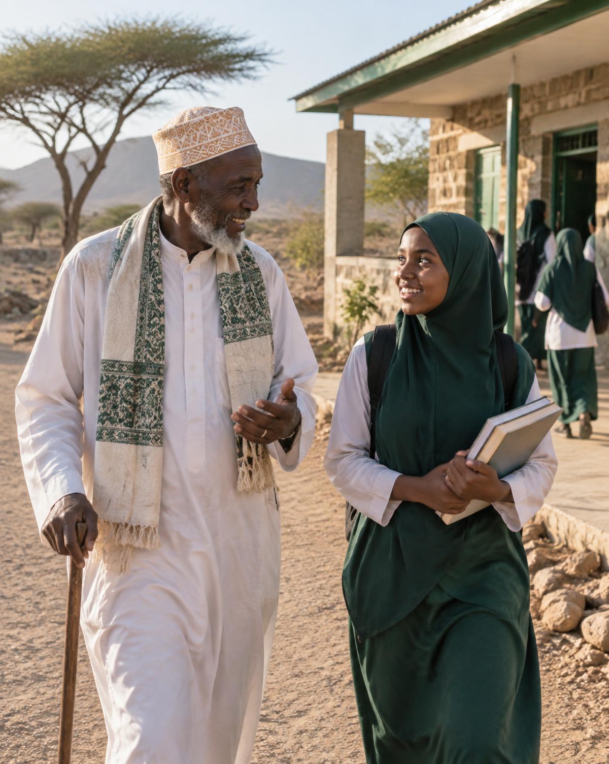 An elder walking with a young learner in Isiolo